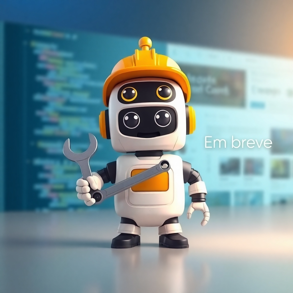 A photorealistic image of a website under construction page. The background should be a gradient of soft blues and greens.  A small, friendly robot is in the center, holding a wrench and smiling. The robot should be slightly cartoonish, not overly realistic.  The robot's eyes should be bright and expressive.  In the background, blurred images of code and website mockups should be visible. The overall mood should be optimistic and playful, suggesting that the website is being built with care and attention to detail. The text 'Em breve' should be subtly placed in the corner, in a modern, clean font.