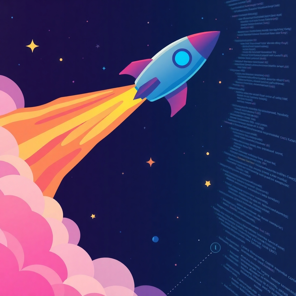 A stylized illustration of a rocket launching into space. The rocket should be designed in a vibrant, modern style, with a color scheme that is consistent with the brand's aesthetic. The rocket's trail should be a vibrant mix of colors, symbolizing energy, progress, and innovation. The background should feature stars and nebulae, creating a sense of wonder and excitement. In the background, subtle lines of code and website design elements should be visible. The overall feeling should be one of anticipation, excitement, and innovation.